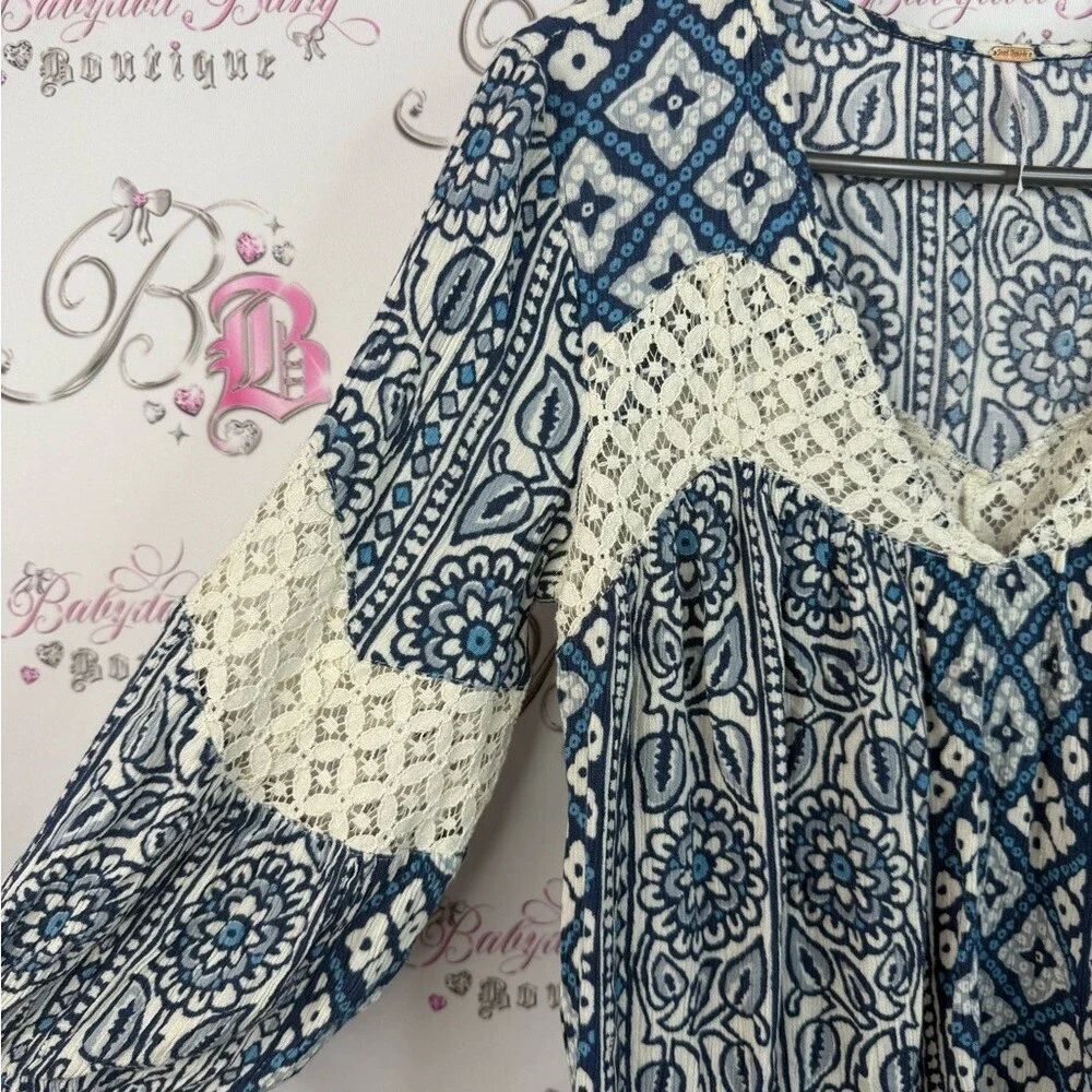 Free People top crochet style paisley floral Blue and Cream Patterned Blouse